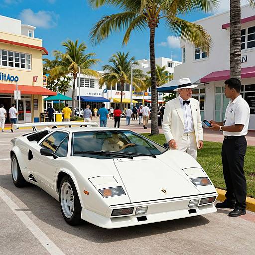 Photograph of a white Ferrari parked on a sunny street, two men in white attire talking beside it, palm trees, and colorful storefronts in the