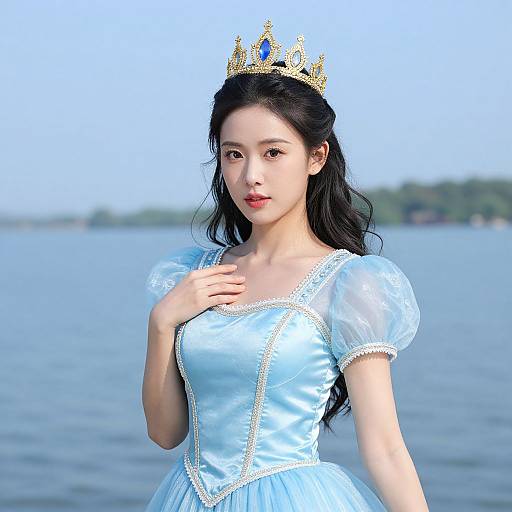 Digital artwork of an Asian woman with long black hair, wearing a blue satin princess dress with puffed sleeves, gold crown, and blue gem, standing