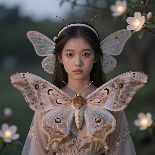 Mystical Moth Girl in Twilight Garden