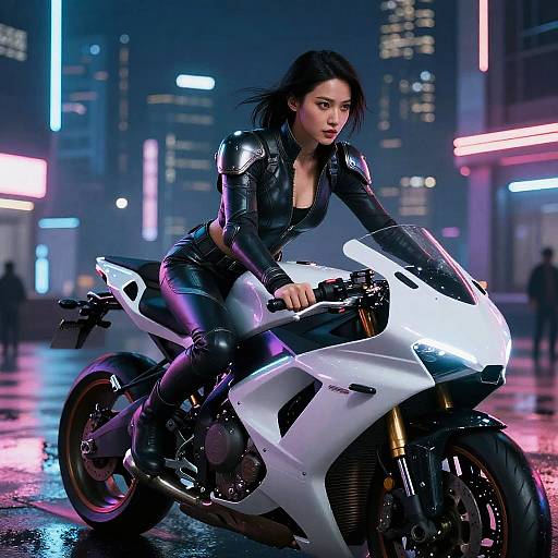 CGI image of a confident woman with dark hair, wearing black leather armor, riding a white sport motorcycle in a neon-lit, futuristic cityscape
