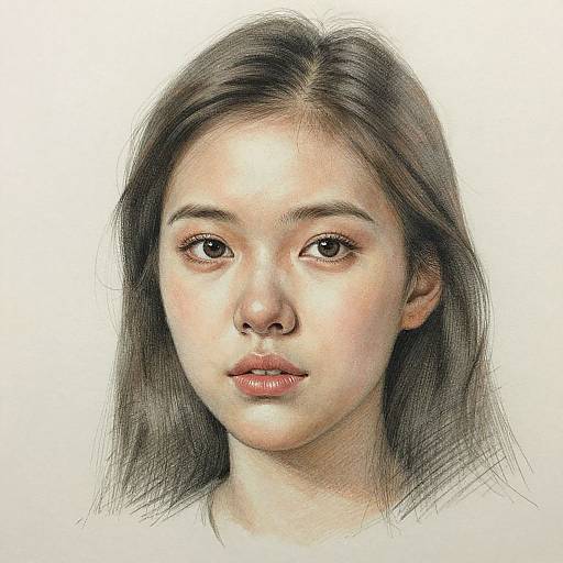 Detailed, realistic digital portrait of a young Asian woman with fair skin, straight dark brown hair, and soft brown eyes.