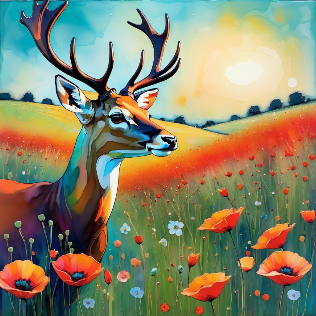 Elegant Deer with Butterfly in Poppy Field