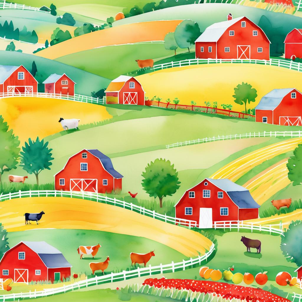 Cheerful Farm Scene in Vibrant Watercolor