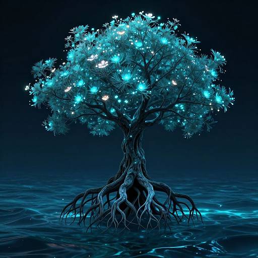 Digital artwork of a glowing blue tree with luminescent leaves and roots emerging from dark blue water, set against a black background.