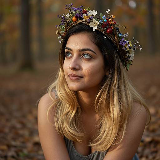 Photograph of a young woman with blue eyes, wearing a colorful flower crown, in a blurred autumn forest, looking to the side with soft sunlight highlighting