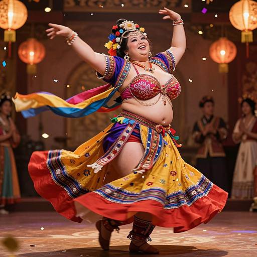 Photograph of a joyful, plus-sized Asian woman dancing on stage in a colorful, traditional Indian outfit with floral headpiece, red bra, yellow-orange