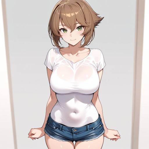 Anime Girl in White T-shirt and Denim Shorts
