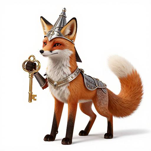 Digital illustration of a regal red fox wearing medieval armor and a crown, holding a golden key in its right paw.