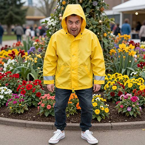Photograph of a middle-aged man in a bright yellow raincoat and white sneakers, standing in a colorful flower garden, with a surprised expression on his