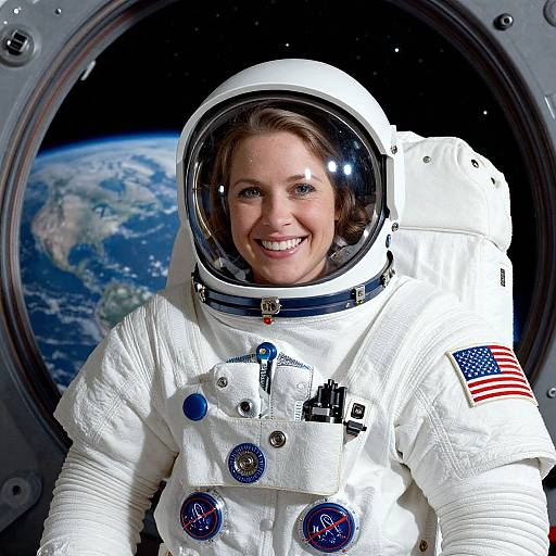 Photograph of a smiling female astronaut in a white spacesuit with American flag patch, visible Earth through spacecraft window, space background.
