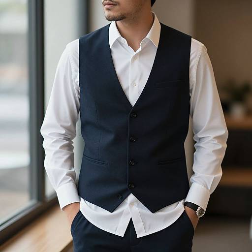 Photograph of a man with light skin, short beard, wearing a white dress shirt and black vest, standing by a window.