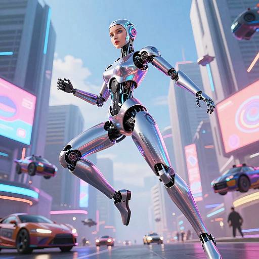 CGI image of a sleek, silver, humanoid robot woman with blue accents, leaping in a neon-lit, futuristic city street filled with flying
