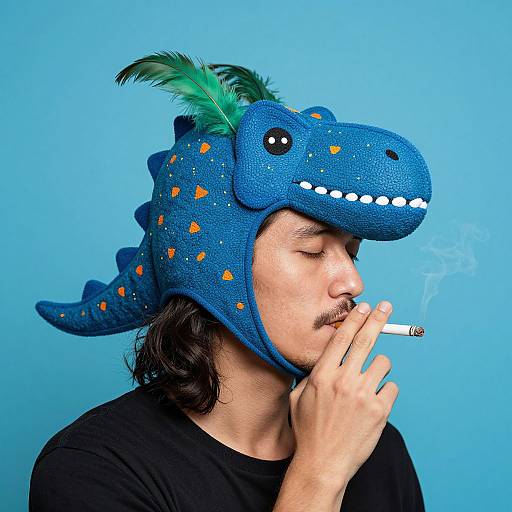 Photograph of a man with medium skin tone, dark hair, and mustache, wearing a blue dinosaur hat with green feathers, smoking a cigarette,