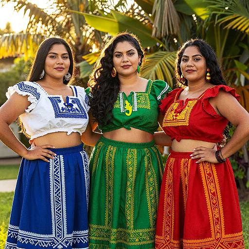 Photograph of three South Asian women in traditional Indian outfits, standing outdoors at sunset. They wear colorful embroidered tops and skirts, each in blue, green