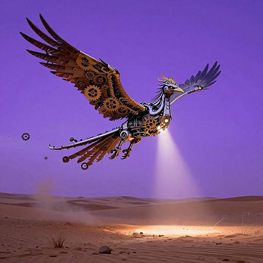 Surreal Desert Phoenix Under Purple Sky