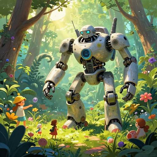 Digital artwork of a white, glowing robot standing in a vibrant, sunlit forest clearing with colorful flowers, mushrooms, and lush greenery.