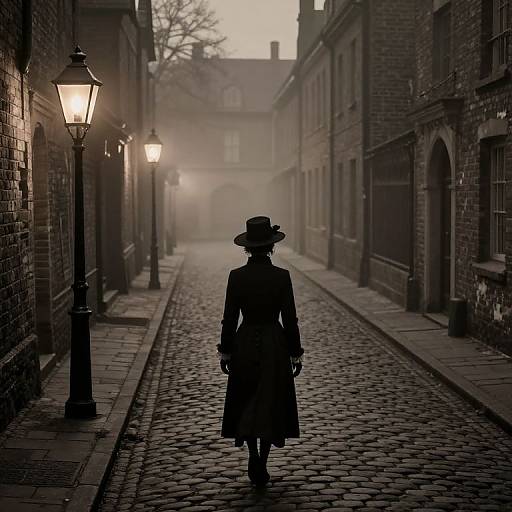 Silhouetted woman in a long coat and hat walks down a foggy, cobblestone street, flanked by lit street lamps and brick