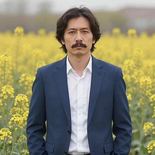 Stylish Man in Yellow Flower Field