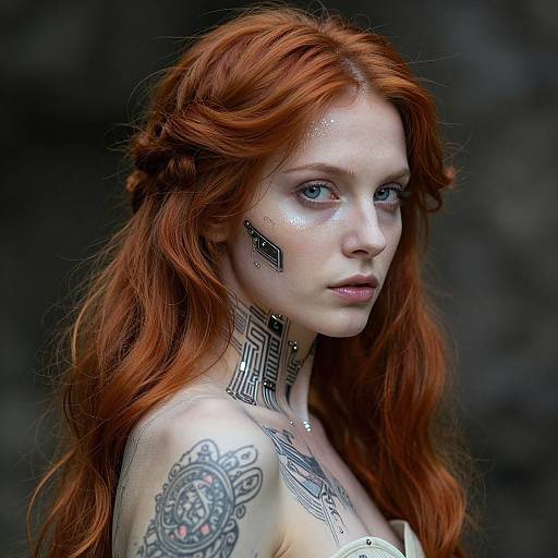 Photorealistic digital art of a pale-skinned, red-haired woman with intricate black tattoos on her face, neck, and arm, against a dark