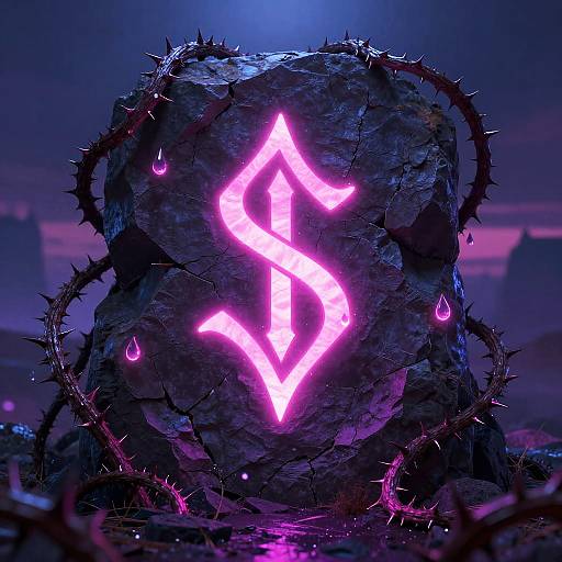Glowing pink lightning bolt symbol on a spiked, thorny rock in a dark, futuristic landscape with purple and blue hues.