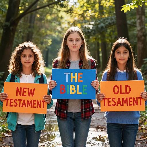 Photograph of three teenage girls holding colorful signs saying 