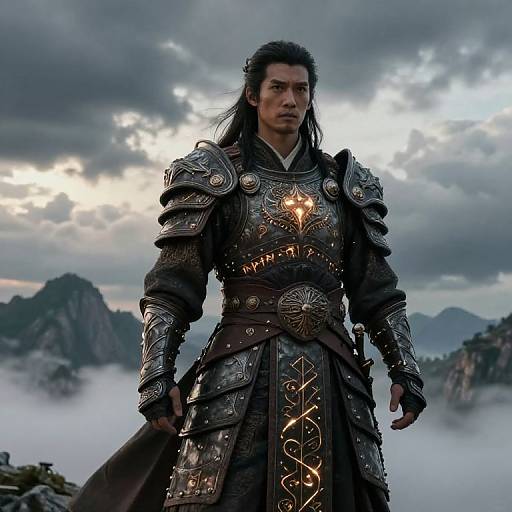 Photorealistic CGI of a serious, long-haired man in ornate, metallic armor with glowing runes, standing against a misty mountainous landscape under