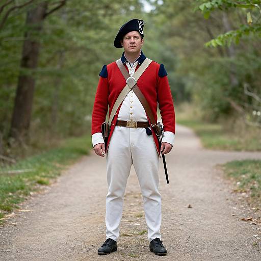 Photograph of a young man in a red British military coat, white trousers, black hat, standing on a forest path.