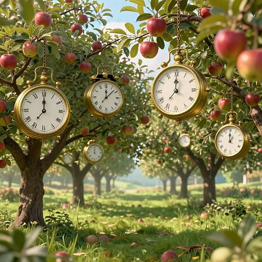 Photograph of a sunlit orchard with golden pocket watches hanging from apple trees, surrounded by lush green grass and red apples.