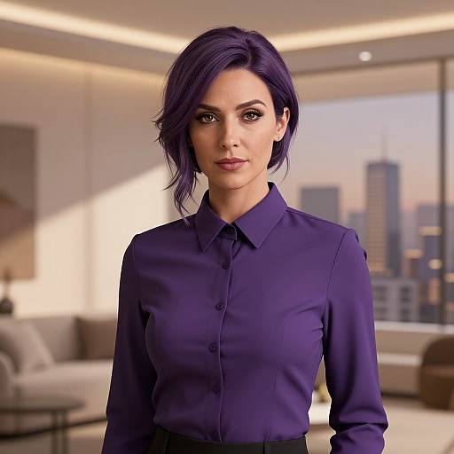 Photorealistic CGI of a confident, dark-haired woman in a deep purple button-up shirt, standing in a modern, sunlit city apartment with a