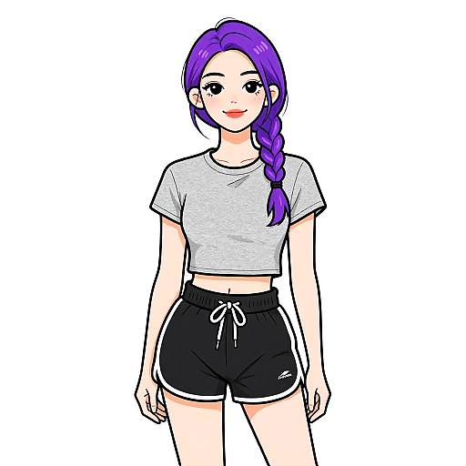 Digital anime-style drawing of a smiling young woman with purple hair in a braid, wearing a gray crop top and black shorts.
