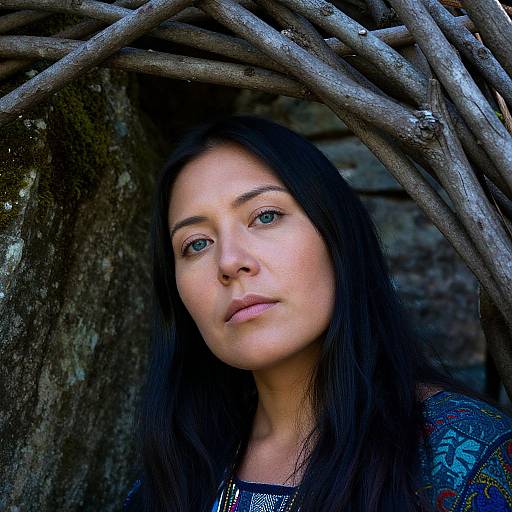 Photograph of a fair-skinned woman with blue eyes and long black hair, framed by a rustic, twisted wooden arch, wearing a colorful embroidered garment