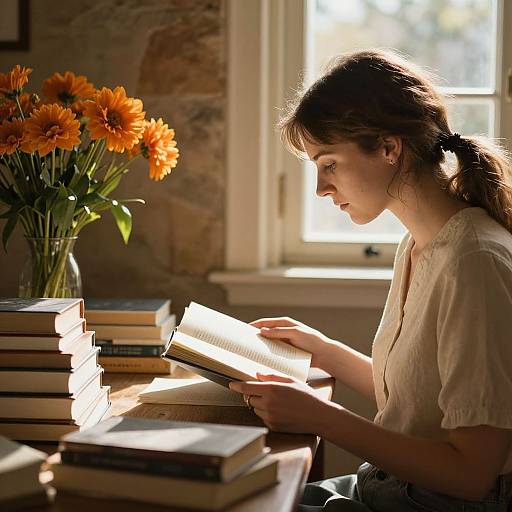 Photograph of a young woman with brown hair in a ponytail, reading a book by sunlight, surrounded by stacked books, and orange sunflowers in