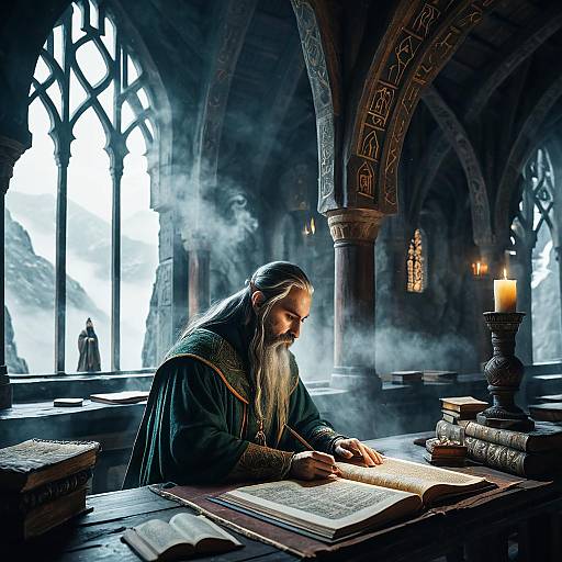 Elven Scholar Studying Ancient Manuscripts
