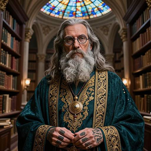 Ancient Scholar in Mystic Library