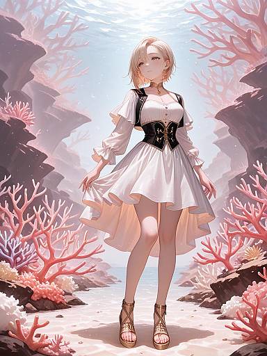 Blonde Woman in Chic White Dress Among Coral