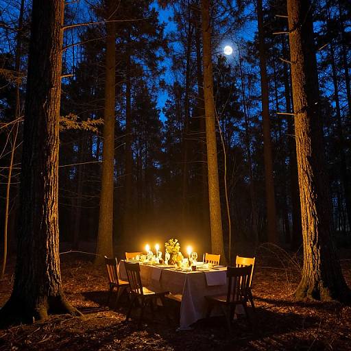 Photograph of a romantic, candlelit outdoor dinner table set in a dark forest at night, with tall trees and a full moon in the blue twilight