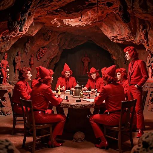 Photograph of a red-clad group in witch hats, sitting around a wooden table in a dimly lit, rocky cave, illuminated by a central