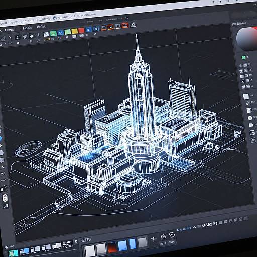 Digital sketch of a cityscape featuring a tall, illuminated skyscraper with surrounding buildings, displayed on a computer screen with a dark background and white lines.