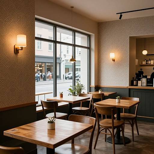 Photograph of a cozy cafe with wooden tables and chairs, patterned wallpaper, large windows, warm wall lights, and a small potted plant on