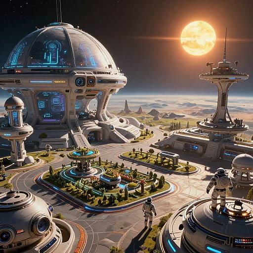 Photorealistic CGI of a futuristic space colony with glowing dome-shaped buildings, neon-lit streets, lush gardens, and a bright sun in a star