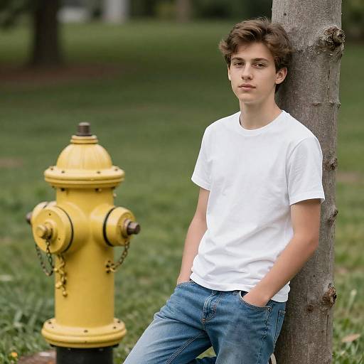 Teen Leaning Against Tree in Park