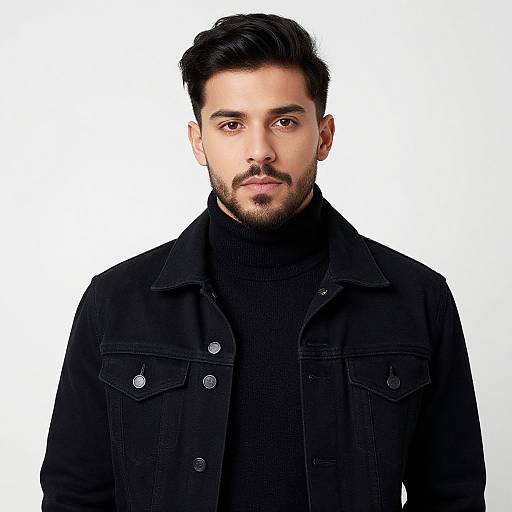 Photograph of a bearded man with dark hair, wearing a black turtleneck and black denim jacket, against a white background.