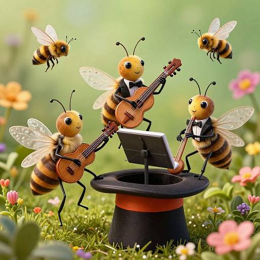 Photograph of whimsical, cartoon bees in tuxedos playing guitars and violin around a top hat, with flying bees and colorful flowers in a