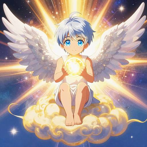 Anime-style digital drawing of a blue-eyed, blue-haired, winged baby angel holding a glowing orb, sitting on a golden cloud, radiating light