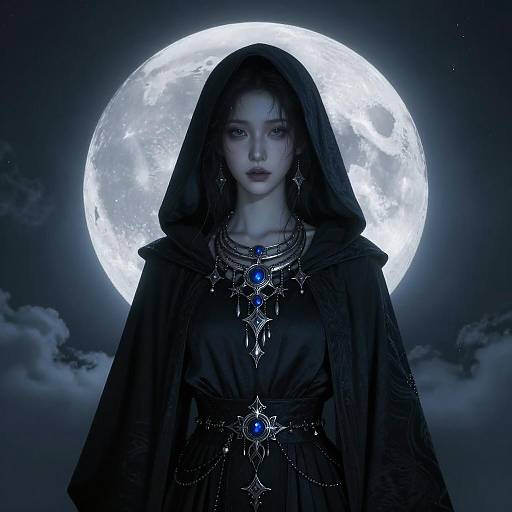 Mystical Woman in Hooded Cloak with Full Moon