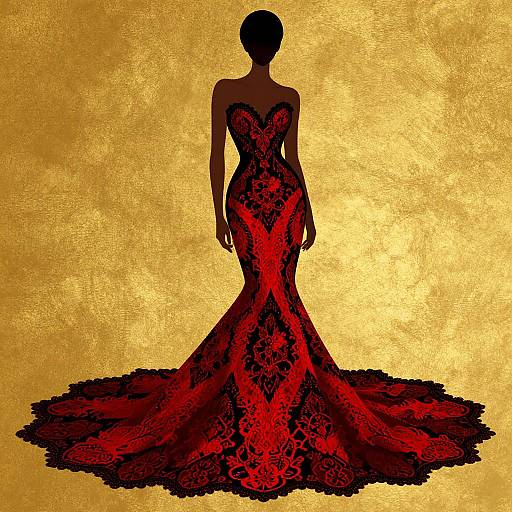 Silhouetted woman in strapless red and black lace mermaid gown with a wide, ornate train against a golden textured background.