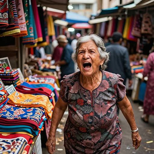 Photograph of an elderly woman with gray hair, open mouth in mid-yell, wearing a floral-patterned dress, standing in a colorful, bustling