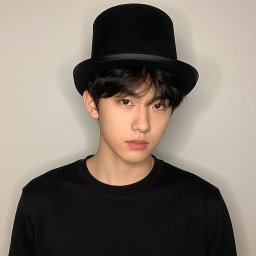 Photograph of an East Asian young man with fair skin, black hair, black hat, and black shirt, against a plain white background.