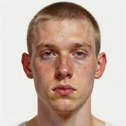 Photorealistic digital portrait of a young Caucasian man with short blonde hair, fair skin, blue eyes, and freckles, against a white background