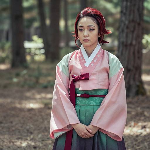 Asian Woman in Traditional Korean Hanbok Outdoors